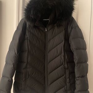 Lands' End Women's Black Puffer Jacket with Faux Fur Hood